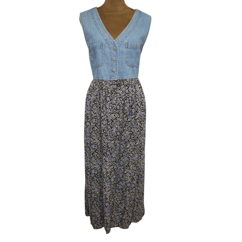 Vintage True Blue Denim Floral Maxi Dress Button Front 90s Sleeveless Tie Back M